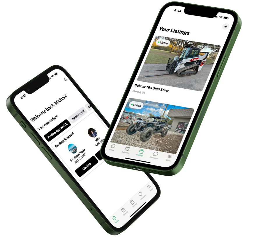 FriendLend rental app shown on two phones